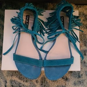 Turquoise Blue Suede Fringe, ankle tie sandals
